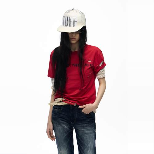 夏季新款修身破洞凉感冰支棉短袖