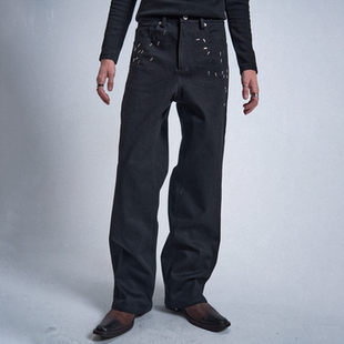 饰黑色宽松直筒15盎司原色牛仔裤 碎钉装 noE noEmosen