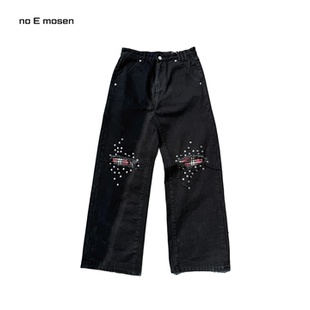 饰街头牛仔裤 mosen 双膝破坏贴布黑红格纹baggy撞钉装 noE