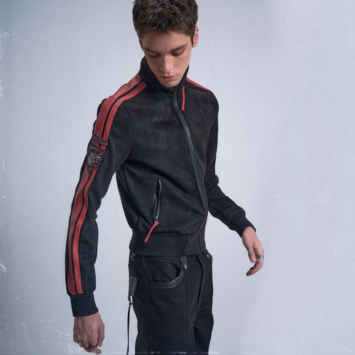 noE黑红拼荔枝皮麂皮绒夹克