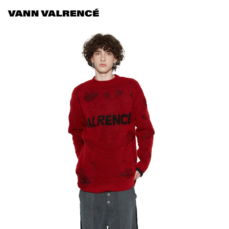 【刘耀文同款】VANN VALRENCE马海毛破洞字母圆领套头针织衫毛衣