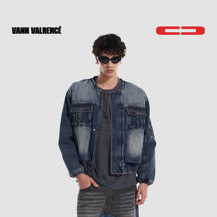 VANN VALRENCE水洗做旧擦色无领结构设计短款牛仔夹克棉服外套