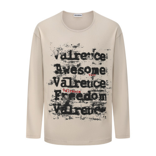 VANN VALRENCE做旧磨损字母印花长袖t恤男女宽松圆领休闲打底上衣