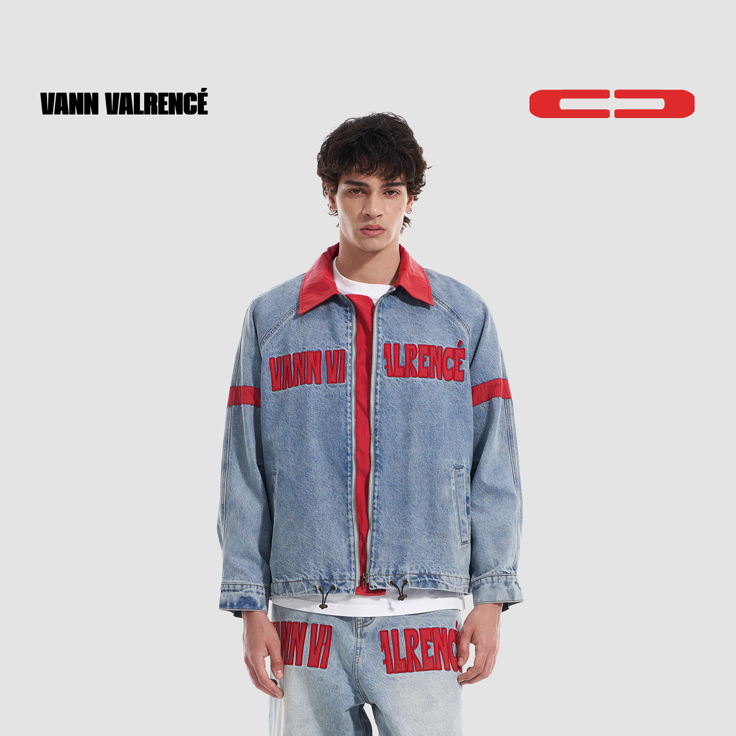 VANN VALRENCE品牌logo绣花拼色宽松水洗牛仔拉链开衫夹克外套