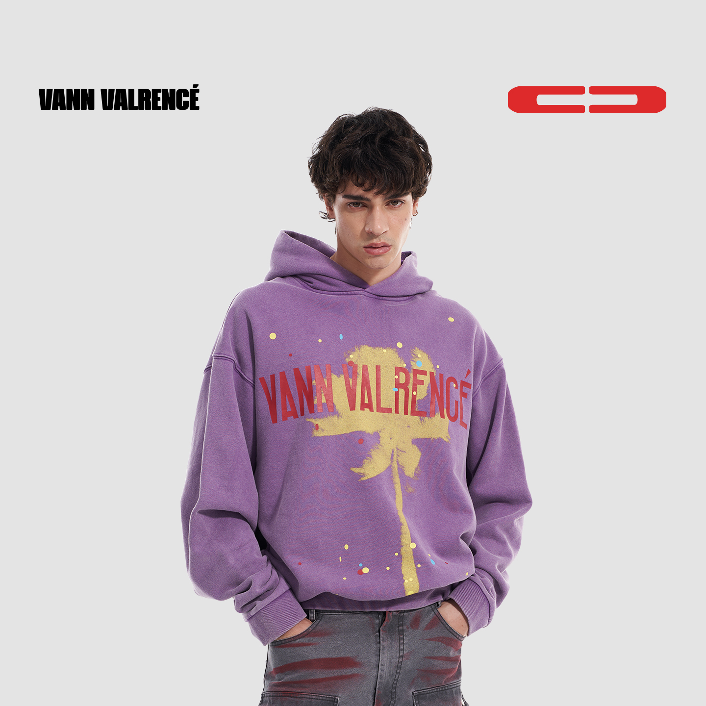 VANN VALRENCE美式慵懒chic复古泼墨印花加绒宽松情侣款连帽卫衣