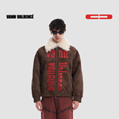 VANN VALRENCE咖色皮毛一体大毛领品牌撞色绣花保暖拉链夹克外套