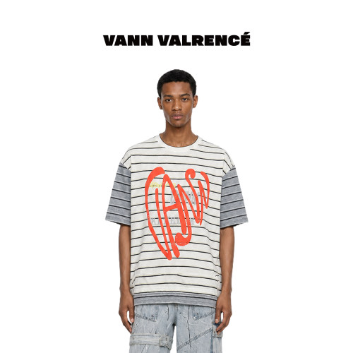 VANN VALRENCE无性别撞色条纹t恤红色爱心涂鸦落肩宽松情侣半袖