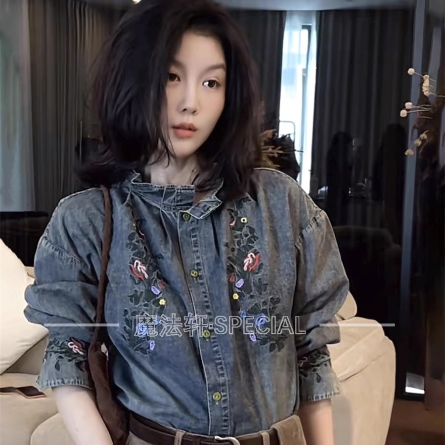 复古刺绣牛仔衬衫女2025新款