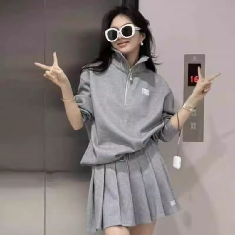 字母休闲短裙套装两件套女2025春季新款半拉链卫衣+百褶裙欧洲站q