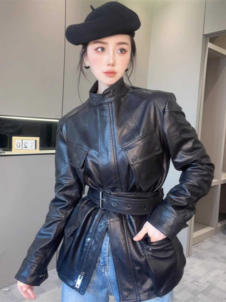 长袖纯色收腰立领皮衣