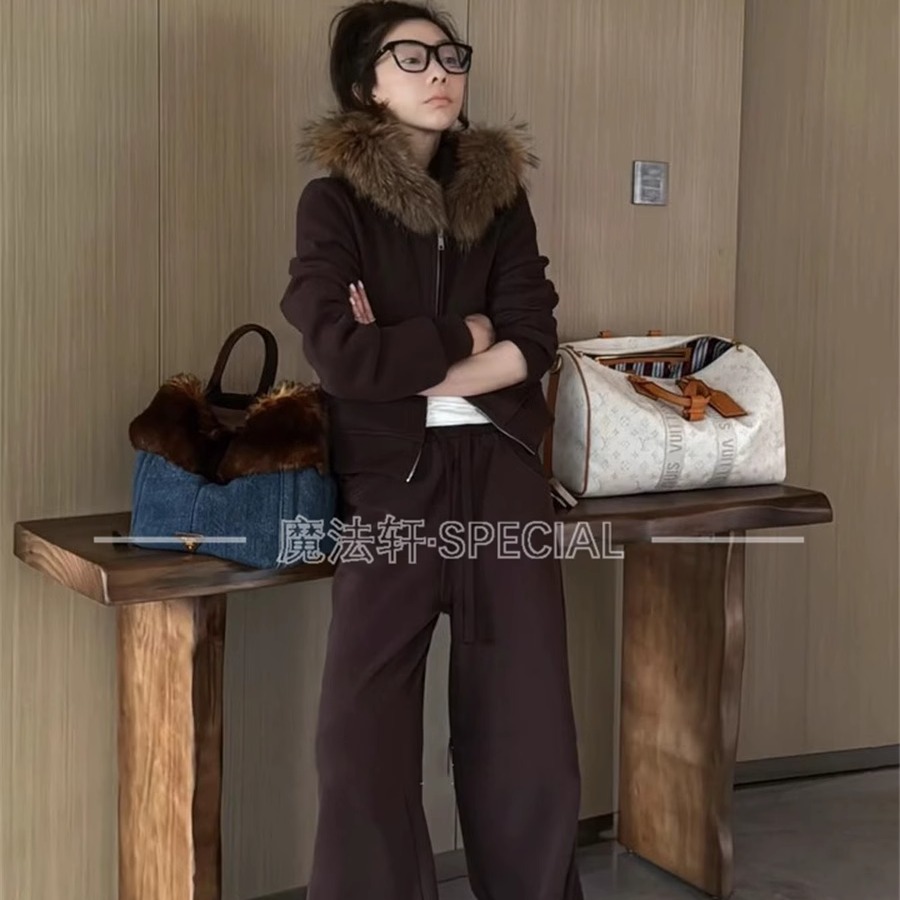 毛领连帽上衣长裤套装女2025现款冬短款外套+阔腿裤休闲裤两件套Q