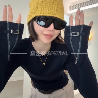 袖口拉链长袖T恤女2025新款