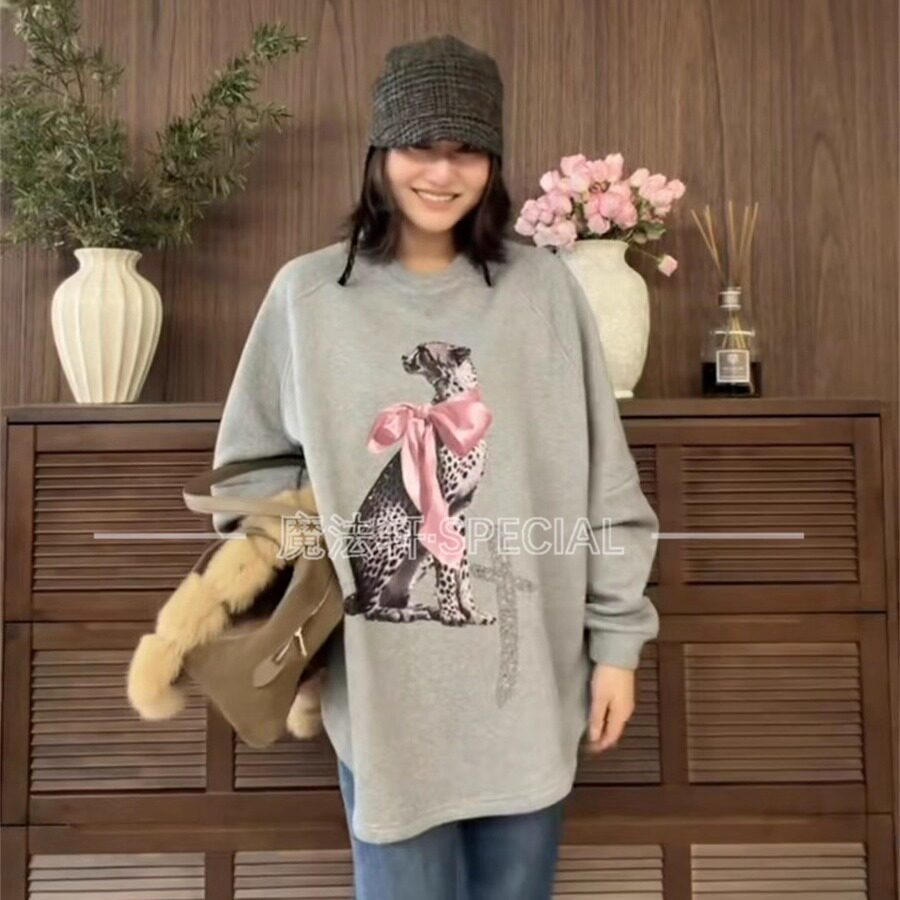 蝴蝶结豹子印花卫衣女2025新款