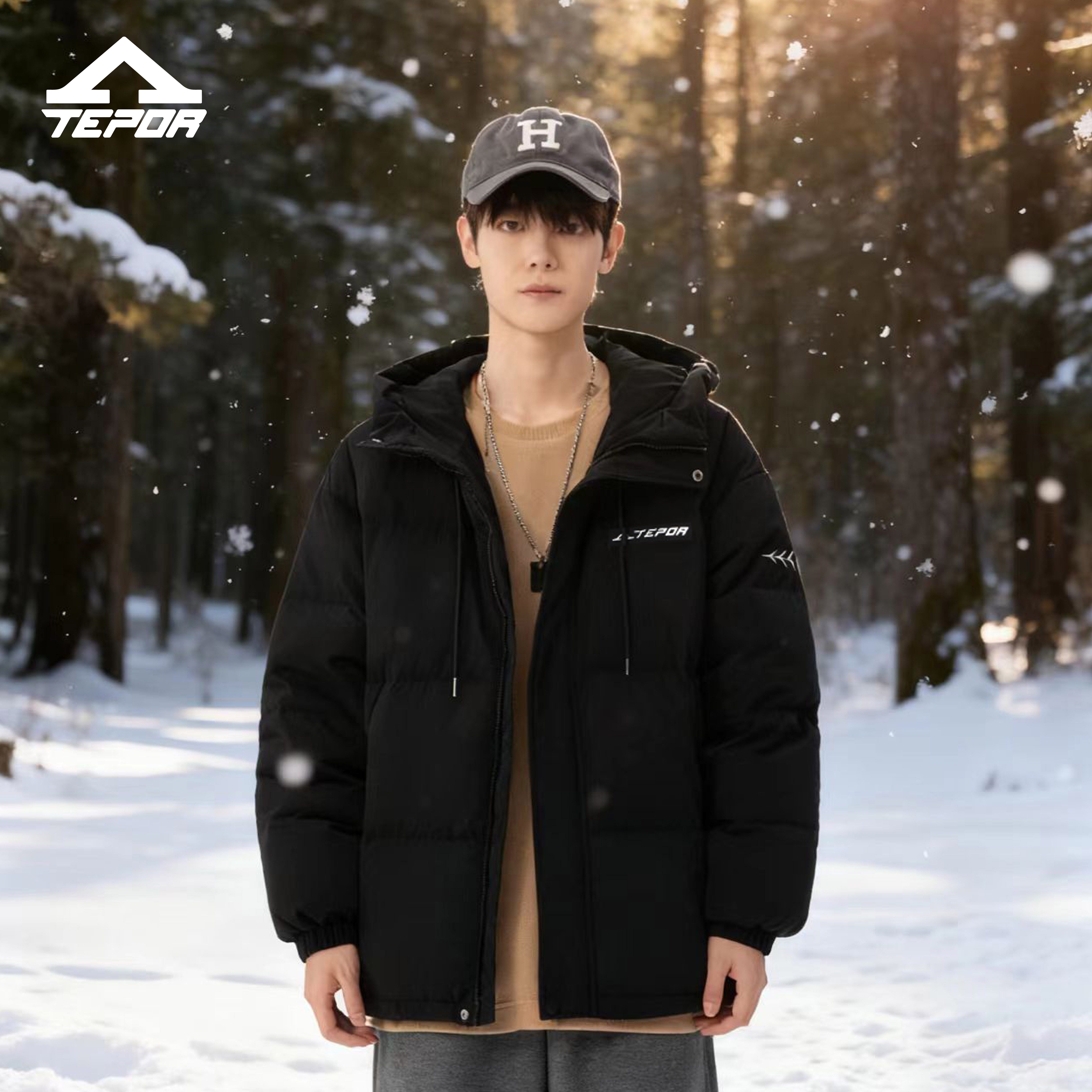 天跑TEPOR中长款羽绒服男秋冬季新款韩版时尚连帽加厚保暖外套
