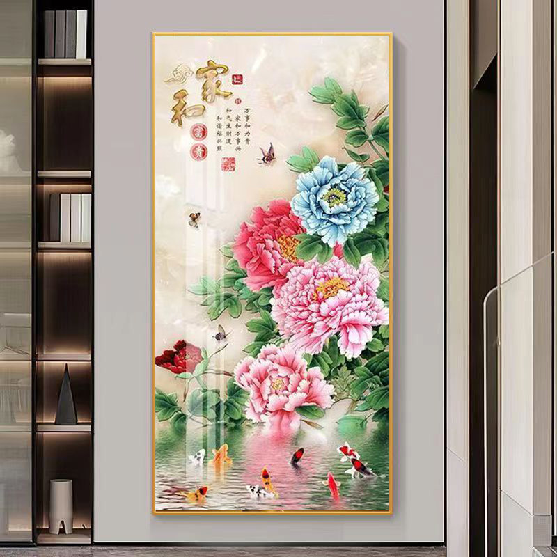 网红富贵牡丹花客厅挂画入门玄关装饰画国画竖版中式过道走廊尽头