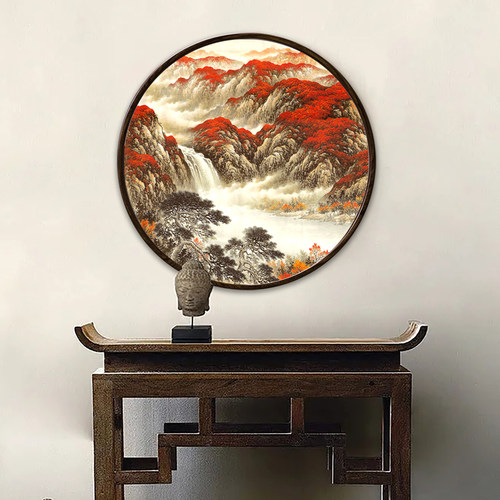 网红鸿运当头玄关挂画新中式万山红遍圆形装饰画客厅走廊过道国画