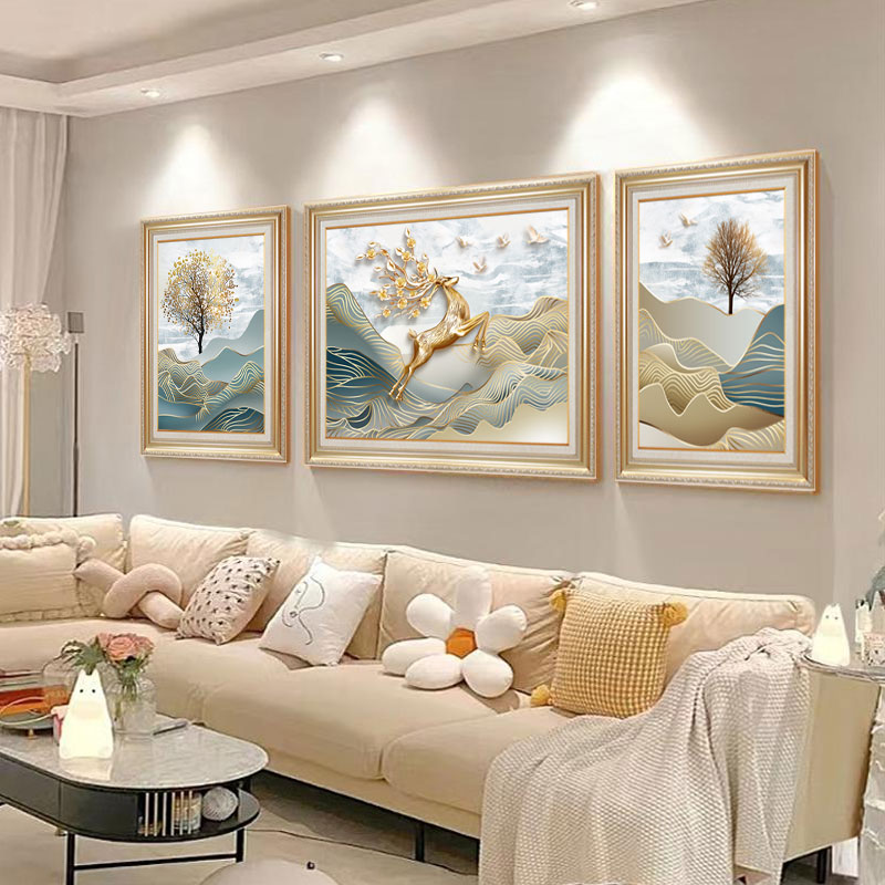 网红现代欧式客厅三联画沙发背景墙装饰画简欧肌理画福鹿高升大气