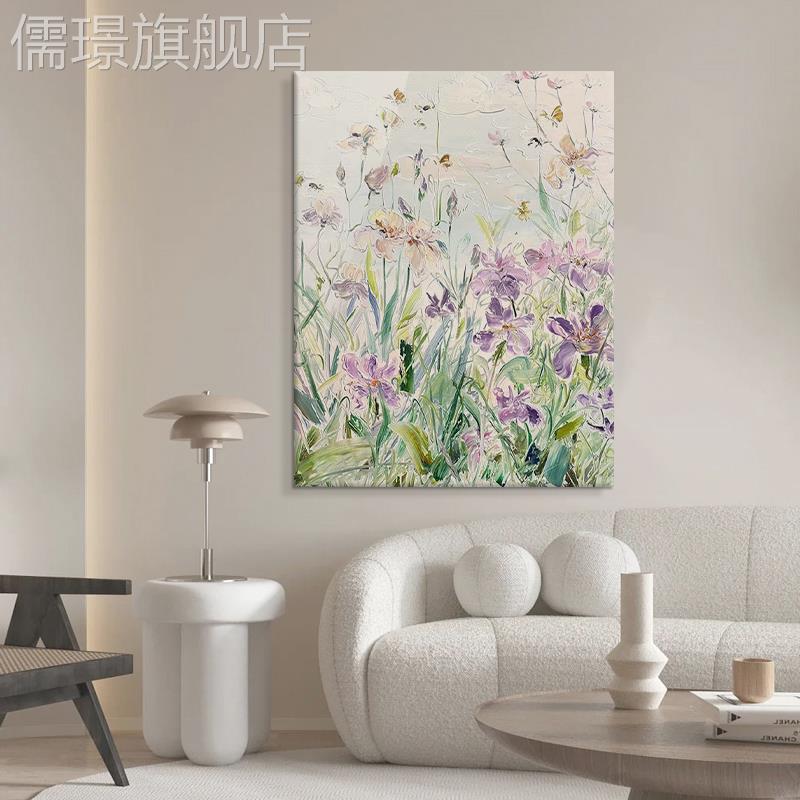 网红紫色鸢花纯绘手油画现代玄关装饰画客厅餐厅抽尾象花卉肌理画图片