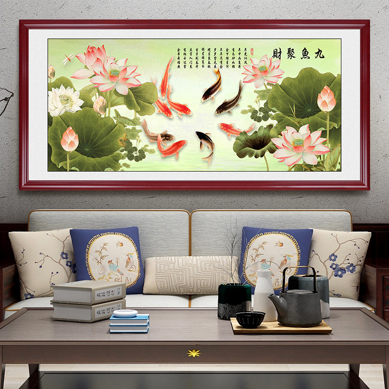 网红新中式鱼图客厅沙发背景墙装饰画年年有鱼餐厅挂画荷花玄关壁图片