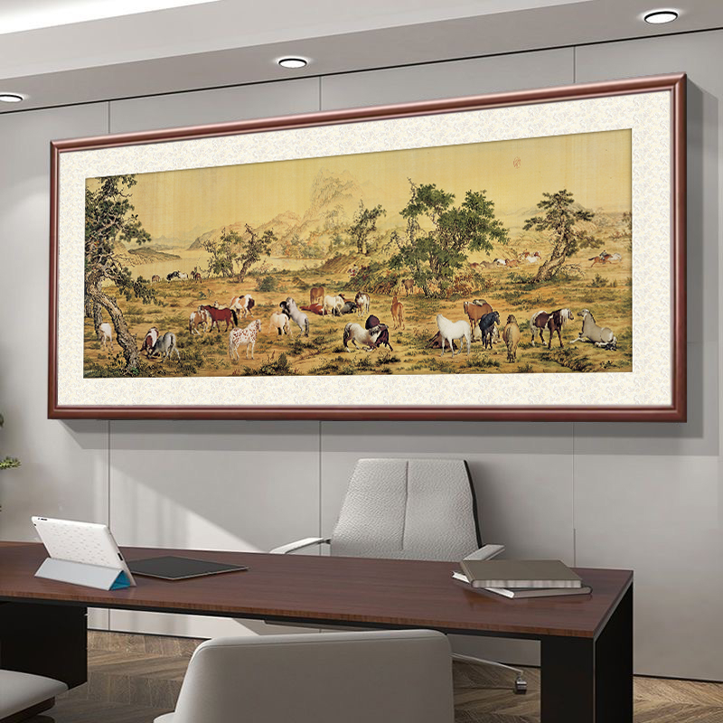 网红郎世宁百骏图挂画新中式客厅骏马装饰画沙发背景墙国画办公室