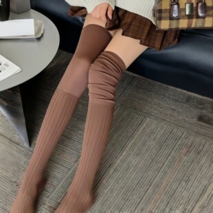 咖啡色过膝长袜女春秋纯棉复古原宿堆堆袜日系学院风马丁靴搭配