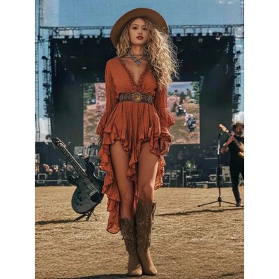 复古荷叶边不规则波西米亚长裙