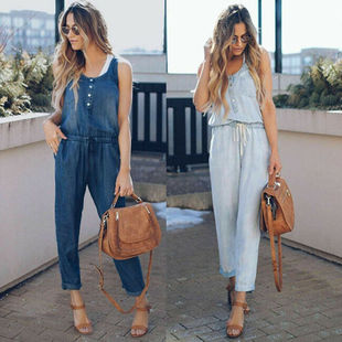 waist top jumpsuit女牛仔布松紧腰背心连体裤 tucked tank Denim