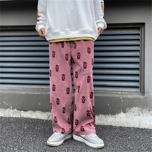 Vintage print straight trousers for boys复古印花粉色直筒长裤