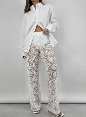 Lace sheer patchwork straight-leg pants 蕾丝透视拼接直筒裤女