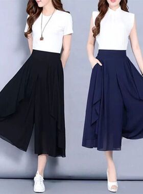 夏透气宽松高腰七分阔腿休闲裤High Waist Plus Size Capri Pants