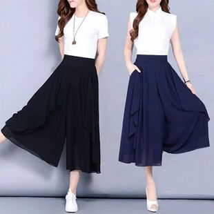 夏透气宽松高腰七分阔腿休闲裤High Waist Plus Size Capri Pants