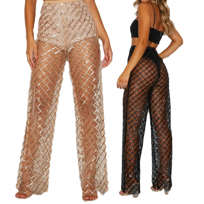 Sexy Perspective Gold Mesh Pants女士性感透视金丝网纱宽松长裤