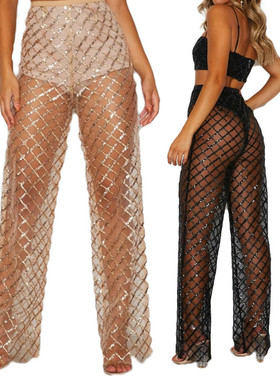 Sexy Perspective Gold Mesh Pants女士性感透视金丝网纱宽松长裤
