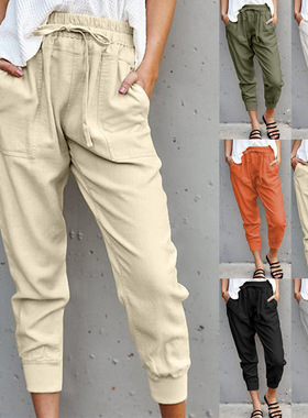 Solid color simple lace up capris女士纯色简约系带 修身九分裤