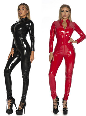 PVC zipper over crotch jumpsuit 亮色漆皮拉链过裆长袖连体衣女