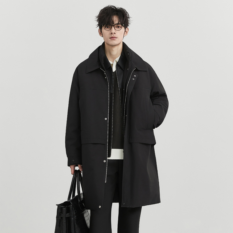 伯爵卓尔25冬季设计感假两件立领羽绒服男中长款韩版宽松保暖外套