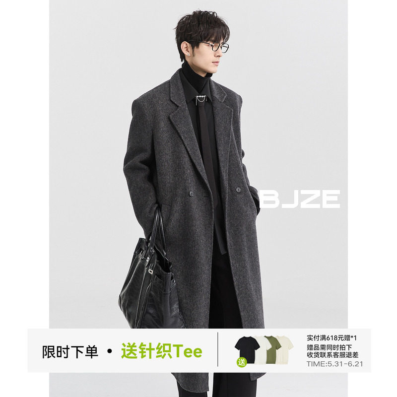 【骆驼绒/过膝超长款】BJZE男装冬季羊毛羽绒内胆双面呢大衣外套