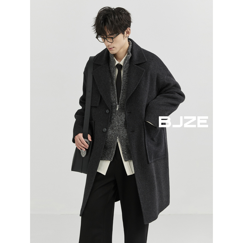 BJZE男装24冬季新款 活页设计感100全羊毛双面呢大衣男中长款外套