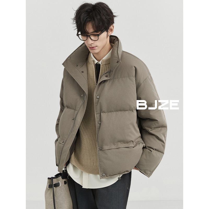 BJZE男装24冬季新款高级感立领加厚羽绒服短款宽松鸭绒面包服外套