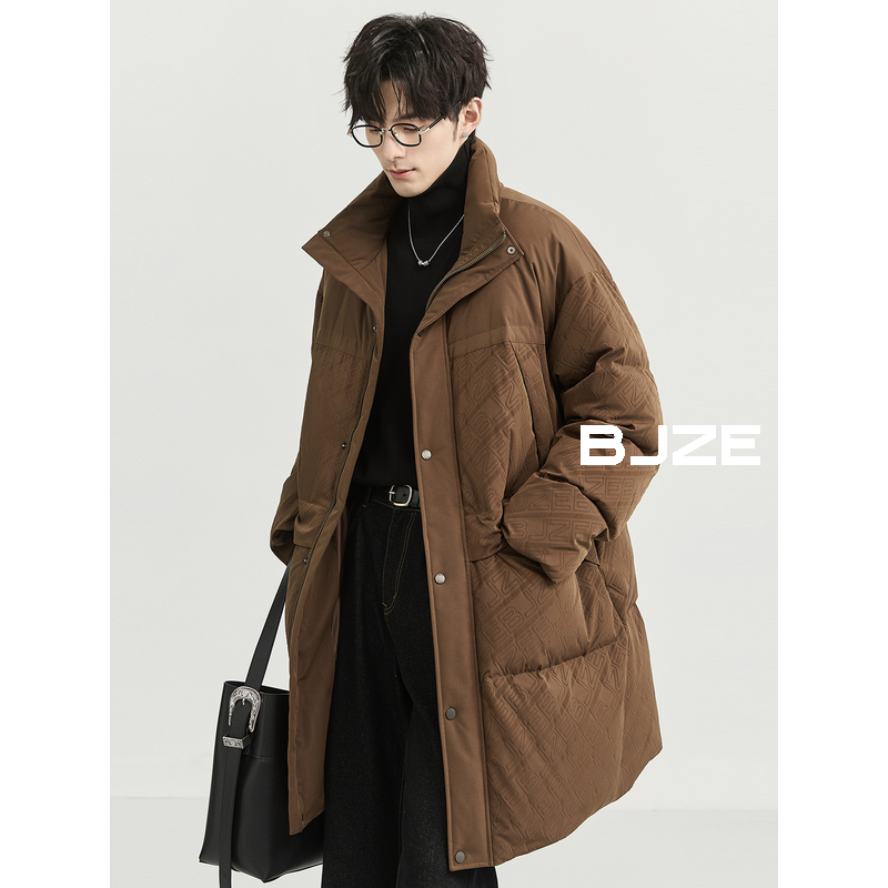 BJZE男装24冬季新品定织字母印花羽绒服男中长款宽松加厚鸭绒外套