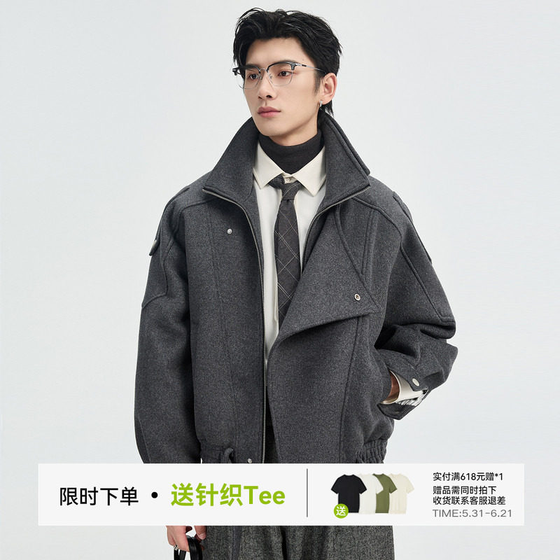 伯爵卓尔25深冬立领工装设计羊毛呢羽绒服男宽松韩版短款夹克外套