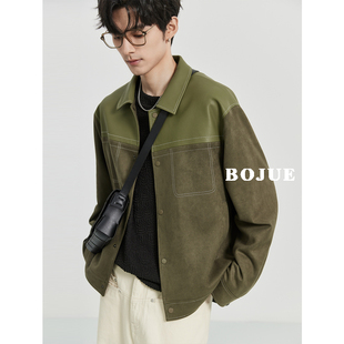 宽松茄克衫 仿麂皮绒拼接设计感休闲夹克男士 韩版 新款 外套23春秋季