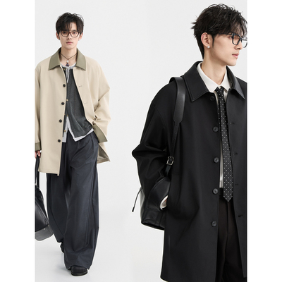 BJZE男装25春季高级感pu皮拼接马肯翻领一手长风衣宽松中长款外套