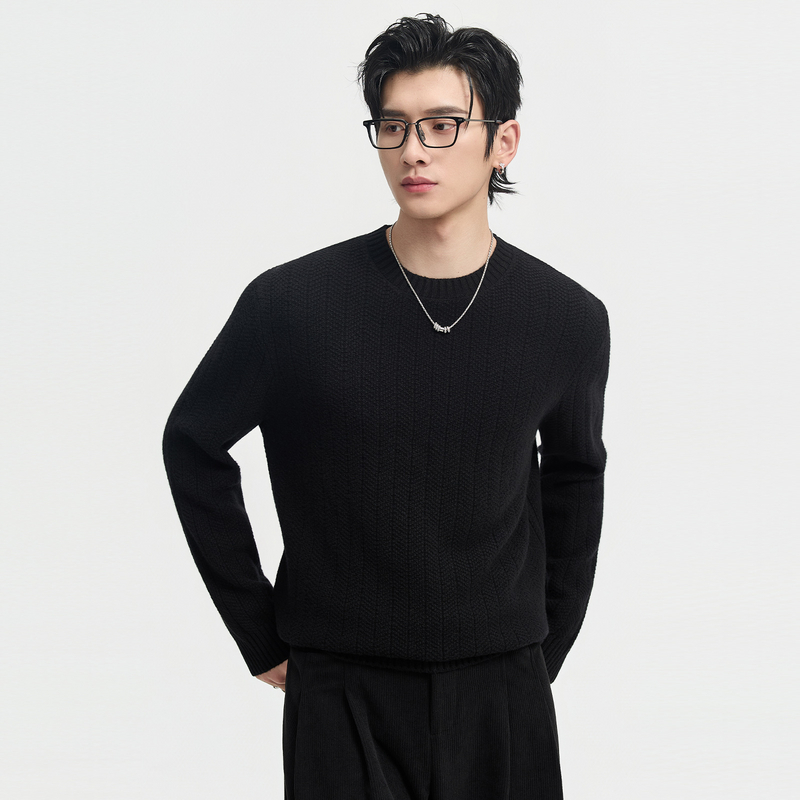 伯爵卓尔25初冬提花设计山羊绒羊毛针织衫男保暖宽松圆领打底毛衣