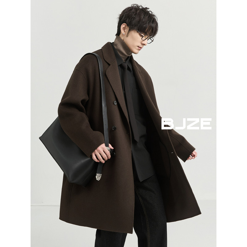 BJZE男装冬季高级感鹅绒内胆全羊毛双面呢大衣中长款宽松韩版外套