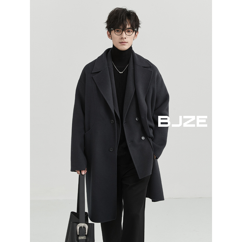 BJZE男装24秋冬季定织全羊毛双面大衣男中长款休闲高级感呢子外套