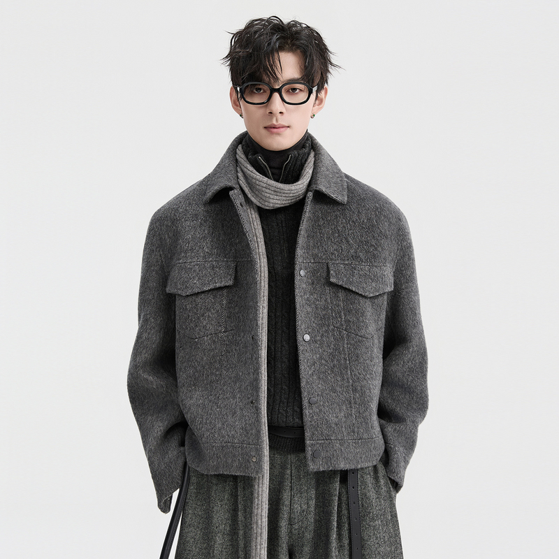 {骆驼绒高级设计感}伯爵卓尔25秋冬双面羊毛呢夹克男短款保暖大衣