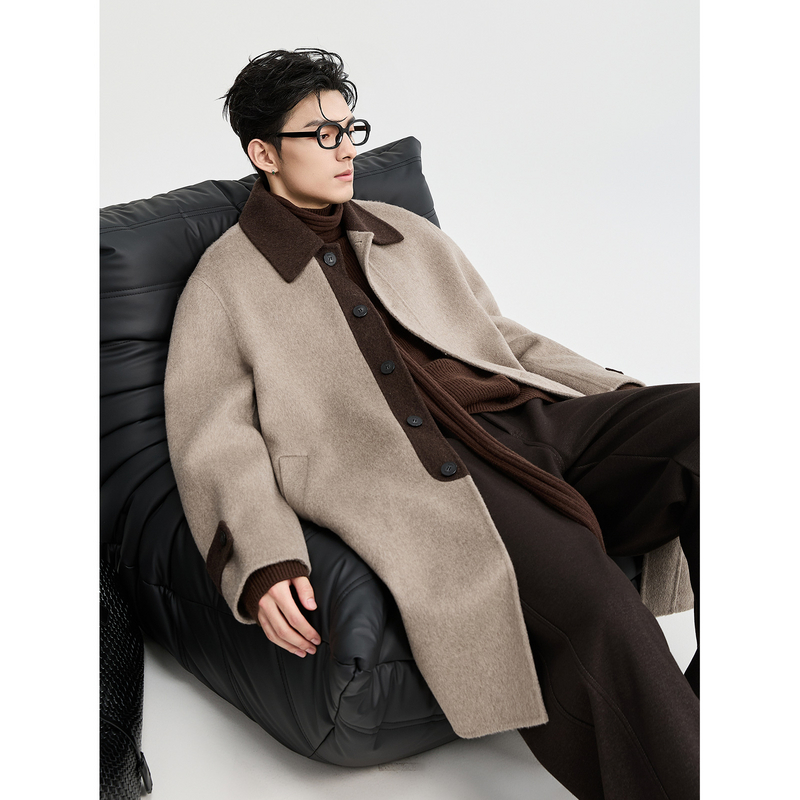 100全羊毛双面呢撞色设计感 BJZE25冬季高级毛呢大衣男中长款外套