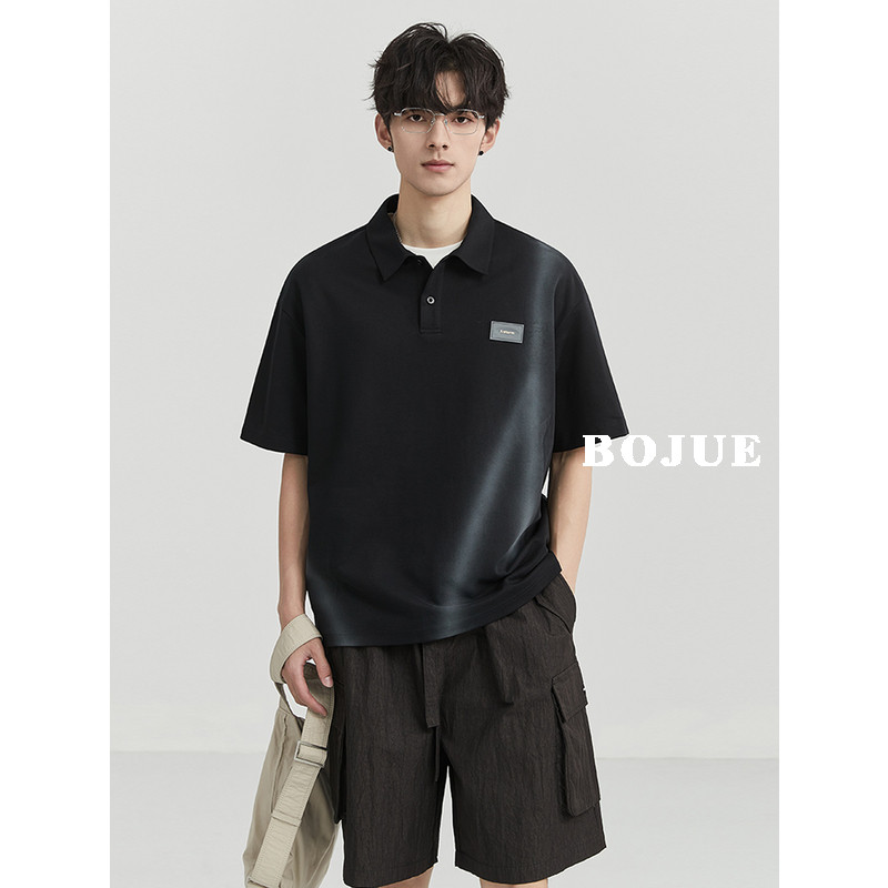 BJZE男装24夏季渐变拼色设计感短袖POLO衫翻领体恤