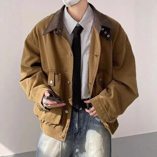 皮领拼接工装夹克男女款宽松休闲vintage小众人设计感大口袋外套